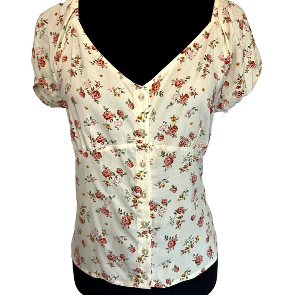 No Boundaries Floral Cream Pink Green Button Up Top Blouse Size Large
